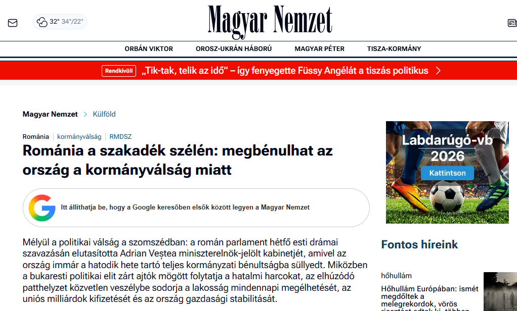 Presa maghiară titrează că Bucureștiul se află pe marginea prăpastiei: „România, în pragul falimentului de stat”
