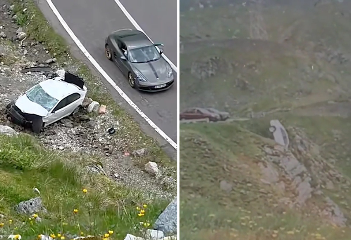 VIDEO Momentul în care o maşină se prăbușește într-o râpă, pe Transfăgărăşan. Şoferița a uitat să tragă frâna de mână