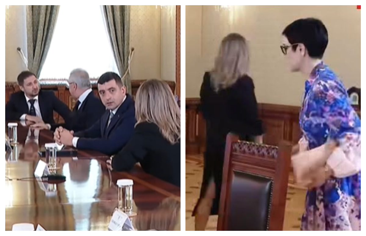 Moment neobișnuit la Palatul Cotroceni, în timpul consultărilor. Delegația AUR, ridicată de la masă de Delia Dinu. Ce s-a întâmplat înainte de venirea președintelui, imagini virale