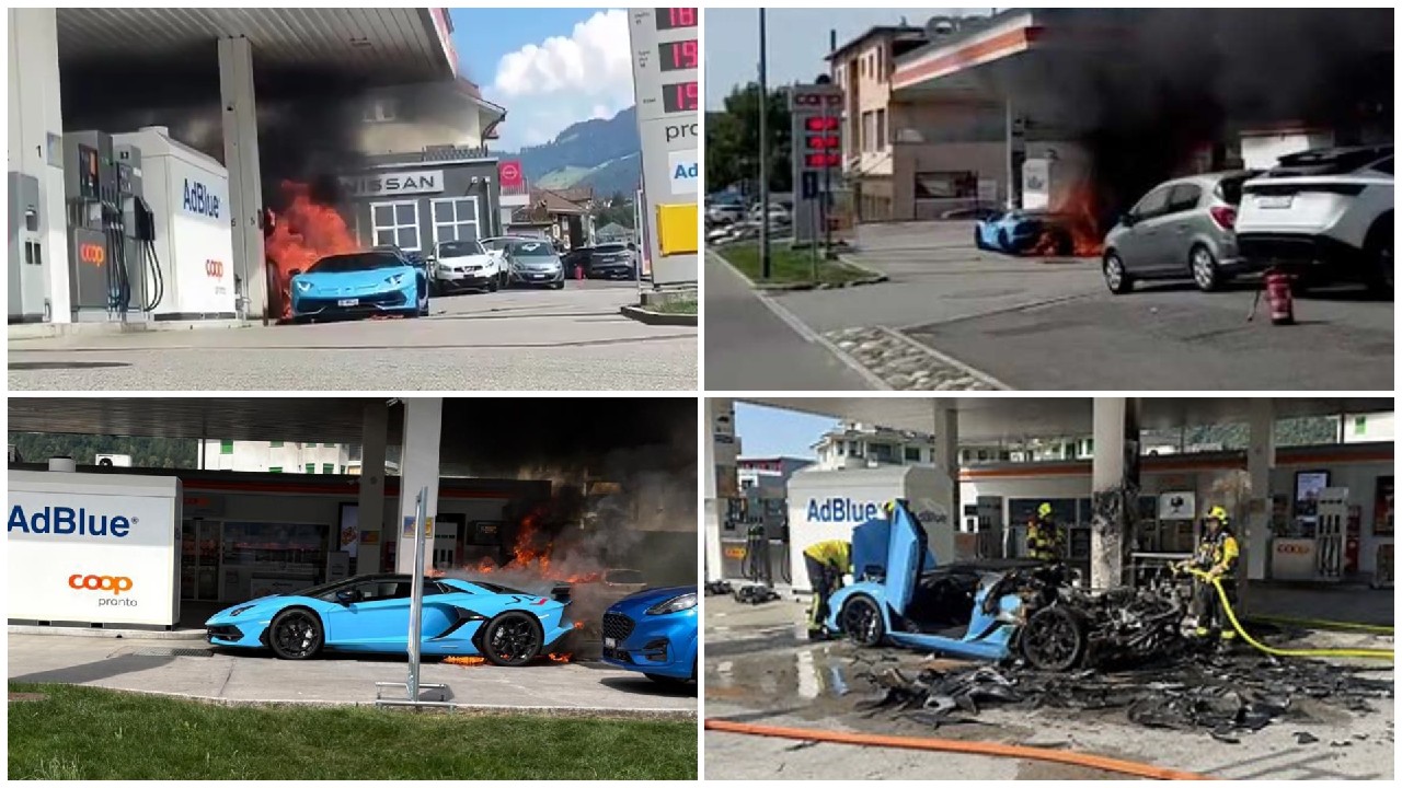 Un Lamborghini Aventador SVJ ediție limitată, în valoare de peste 500.000 de euro, a fost cuprins de flăcări într-o benzinărie din Elveția: „A fost distrus complet”