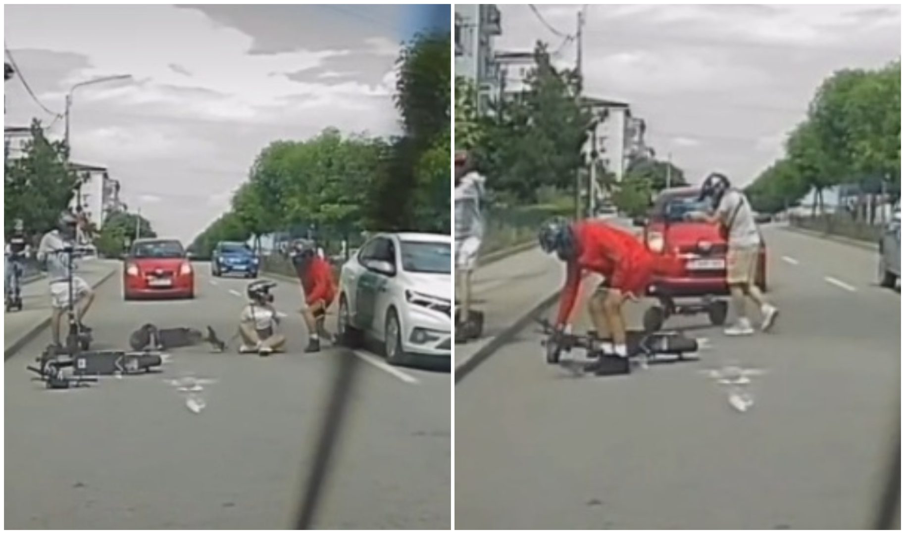 Imagini șocante în trafic. Un adolescent pe trotinetă, la un pas de tragedie sub roțile unei mașini