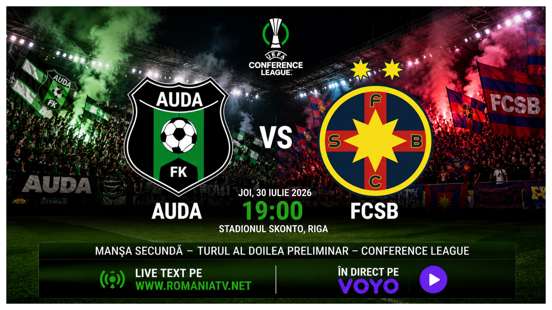 LIVE Auda – FCSB ONLINE VIDEO (ora 19:00) în Conference League. Meciul nu e transmis la TV, unde îl poţi vedea ÎN DIRECT