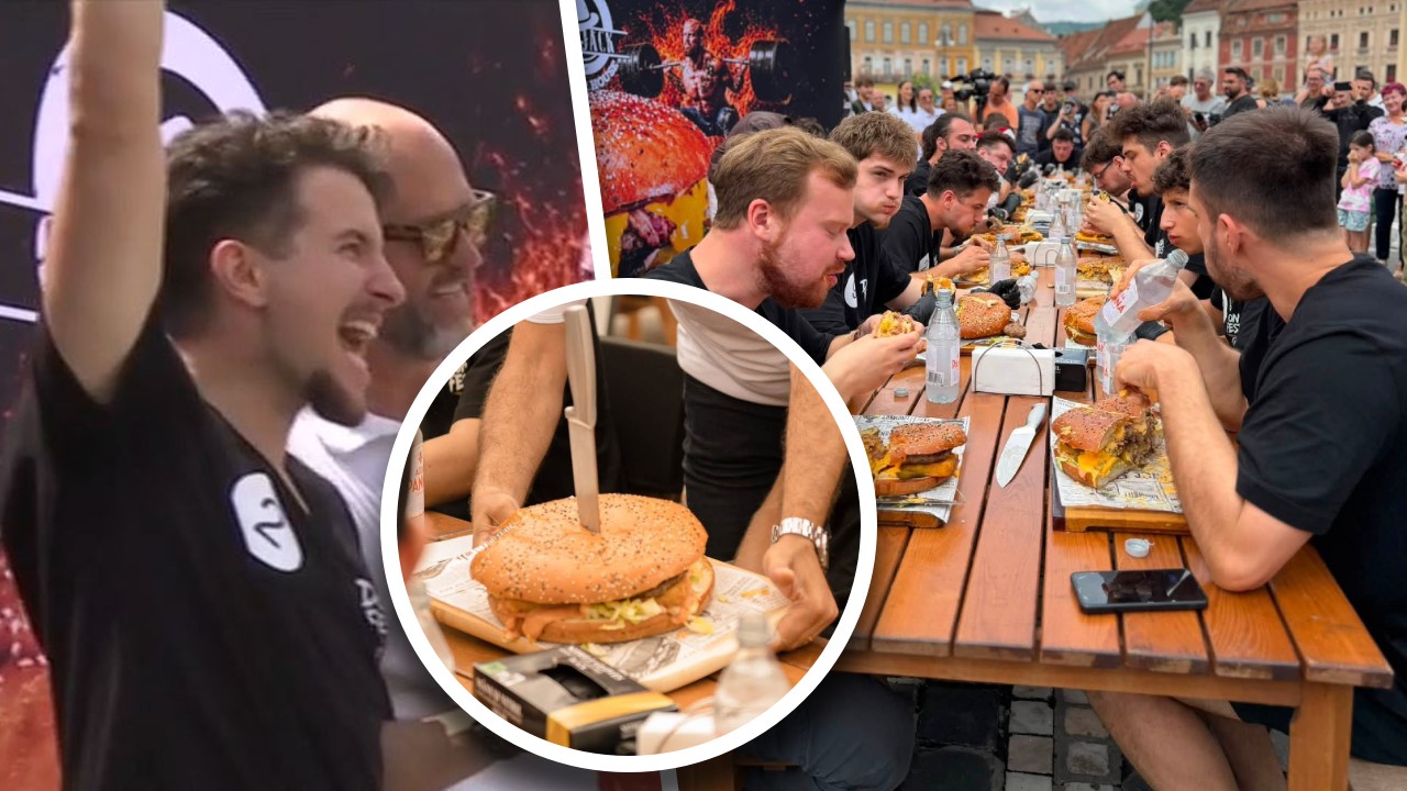 Un român a devorat un burger de 2 kilograme în doar 9 minute. A reușit imposibilul și a pus mâna pe premiul de 400 de euro: „N-am mai mâncat de ieri”