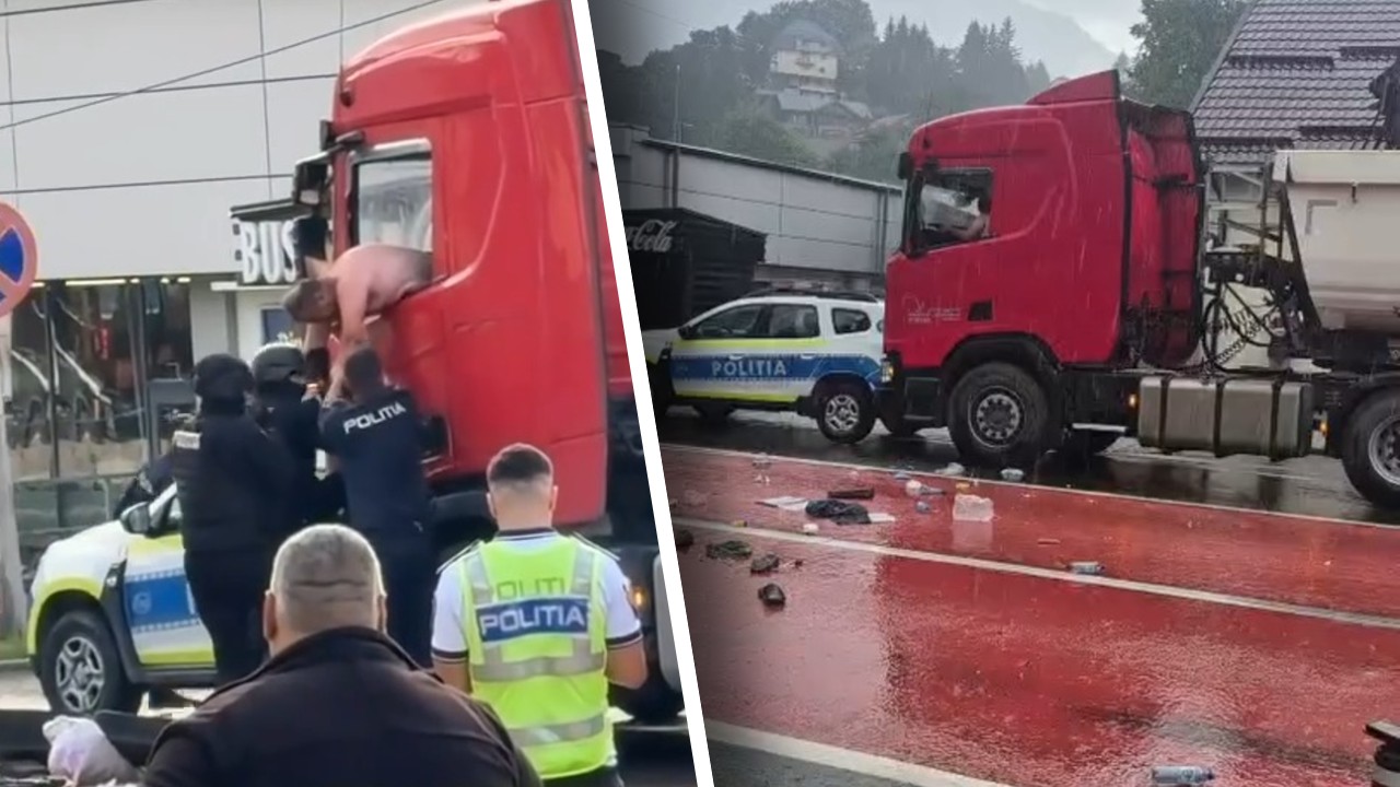 O mașină de poliție a fost lovită de un camion în Bușteni. Șoferul recalcitrant s-a baricadat în cabină și a amenințat că își va provoca rău