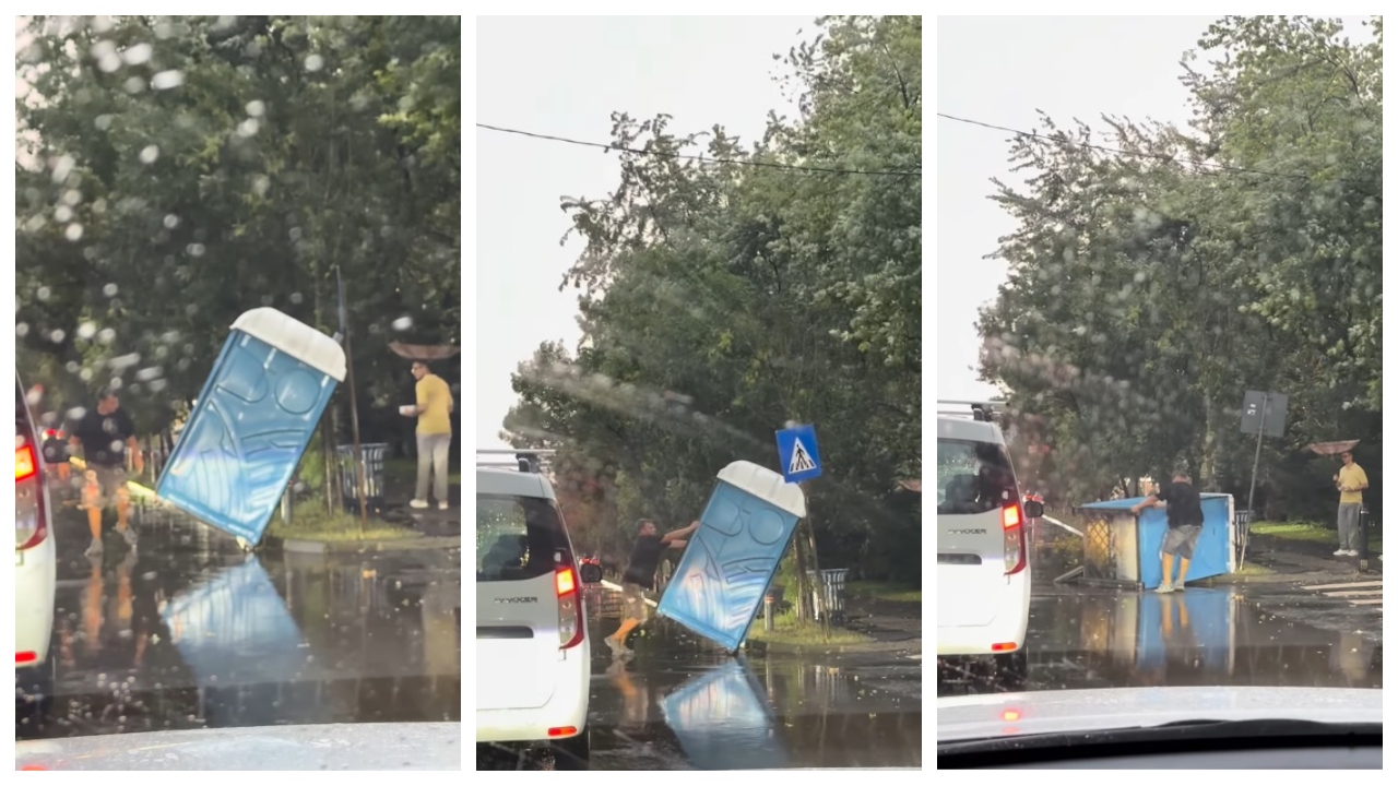 Toaletă ecologică adusă de furtună în stradă, în București. Apa Nova: În 10 ore s-a cumulat peste 92 % din cantitatea medie de precipitaţii aferentă lunii iunie