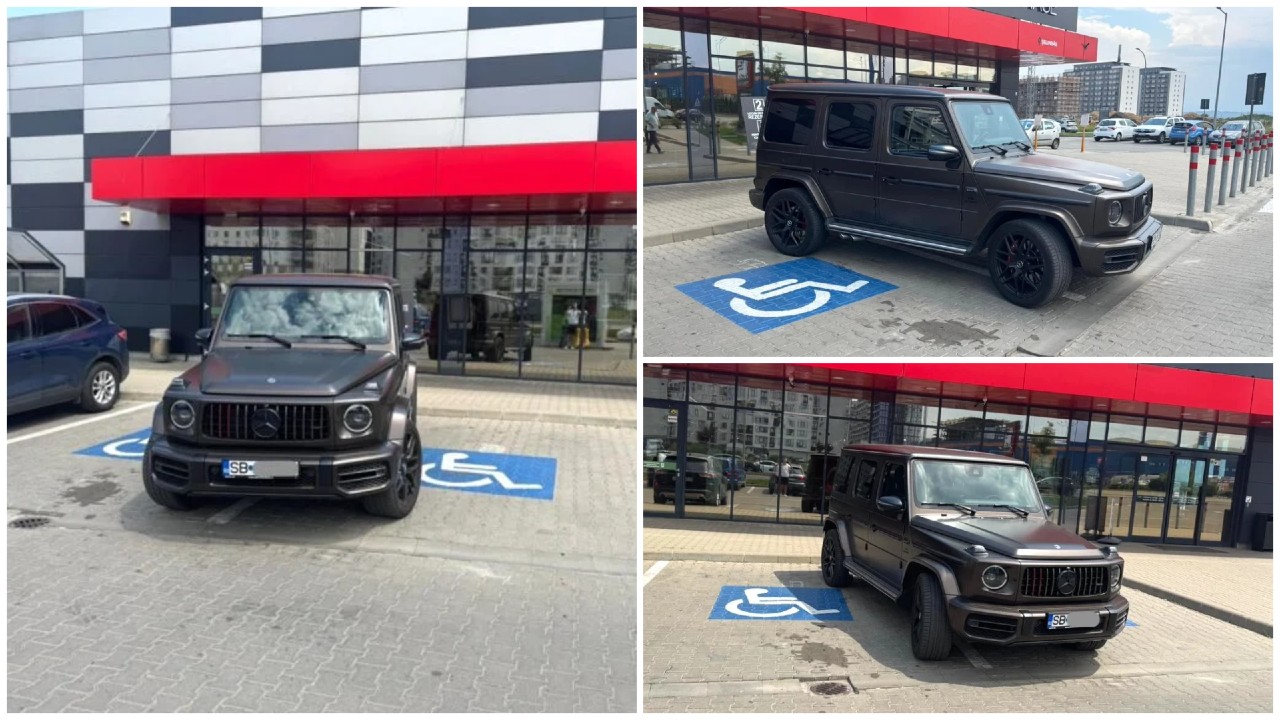 Mercedes AMG de 200.000 de euro, parcat ostentativ de o șoferiță pe două locuri destinate persoanelor cu dizabilități: „Poate are un handicap și nu știm noi”