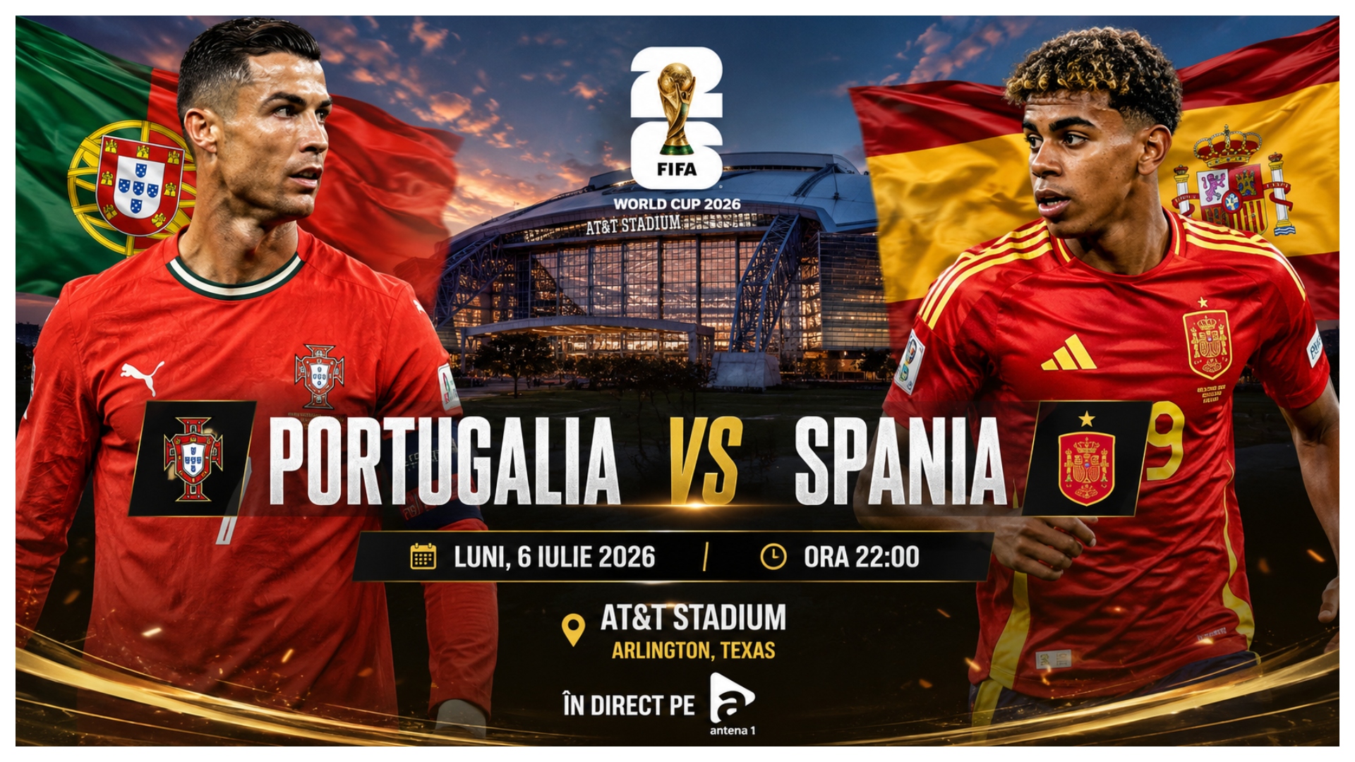 LIVE Antena 1 Portugalia – Spania (ora 22:00) ONLINE VIDEO la Cupa Mondială 2026. Cristiano Ronaldo vs „La Furia Roja”, unde vezi meciul în direct la TV