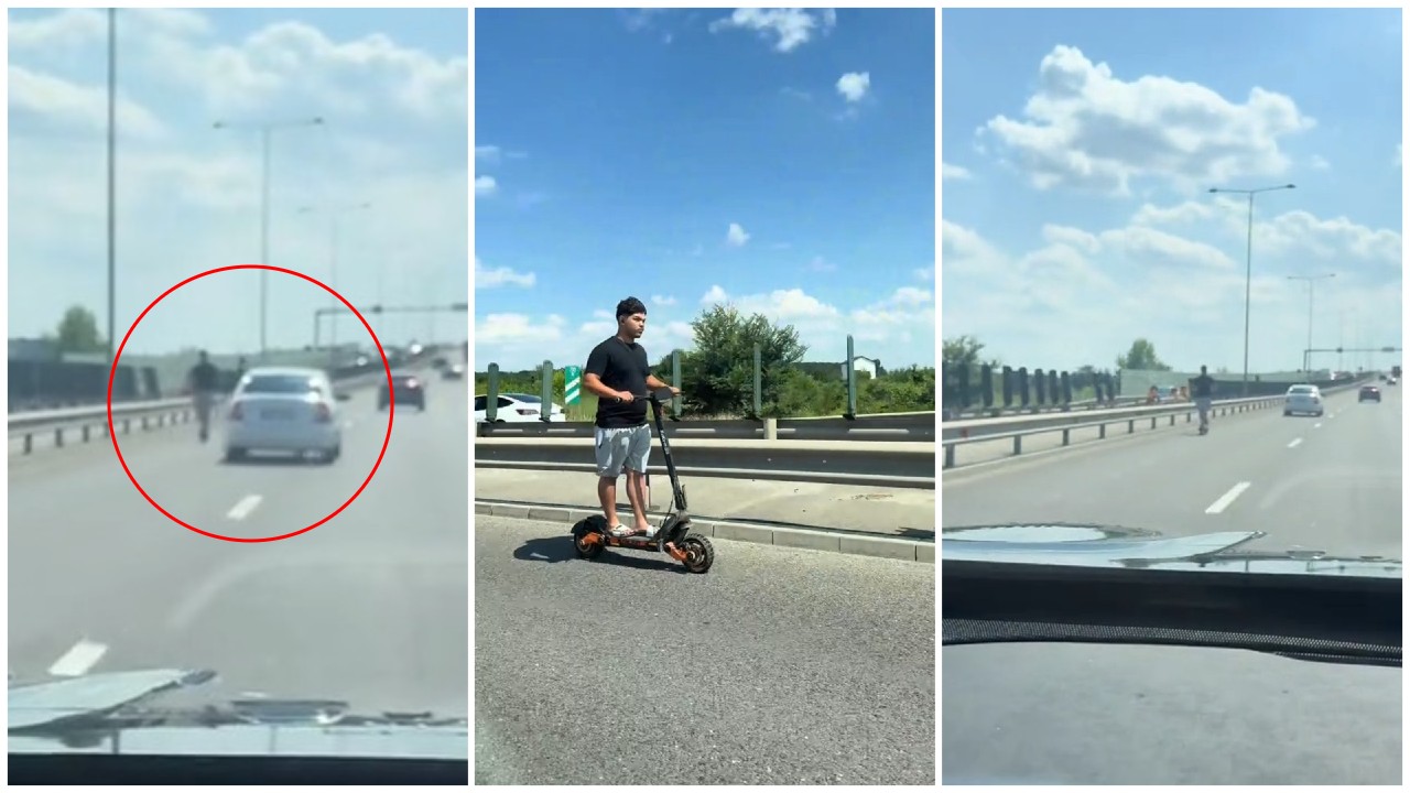 Tânăr filmat în timp ce „gonea” cu trotineta pe banda a treia de pe Autostrada A3, în pantaloni scurți și fără cască
