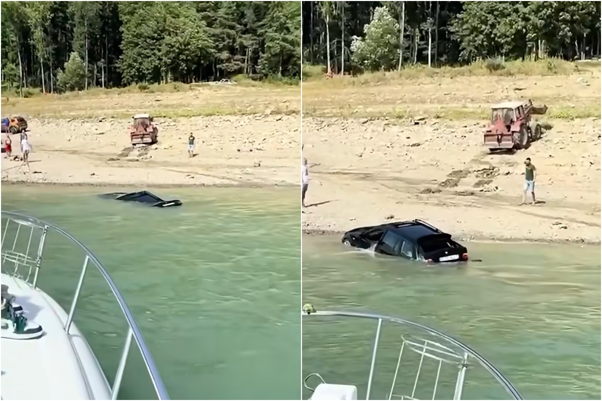 Autoturism scufundat în Lacul Bicaz, după ce proprietarul a vrut să îl spele „ecologic” și gratis. Val de comentarii ironice: „BMW-urile numai acolo se spală, este specificat în cartea tehnică!”