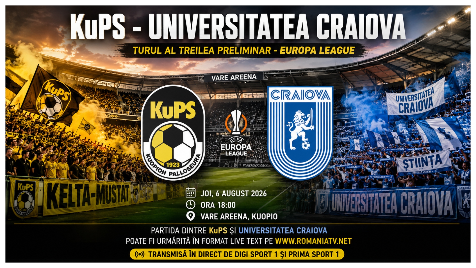 LIVE KuPS – Universitatea Craiova (ora 18:00) ONLINE VIDEO în Europa League. Surprize în primul „11” al oltenilor, unde vezi meciul în direct la tv