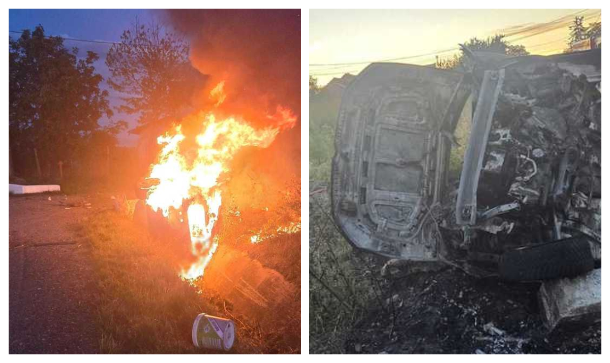 Accident cumplit în Suceava. O mașină a luat foc după ce a lovit un cap de pod, două persoane au ars de vii