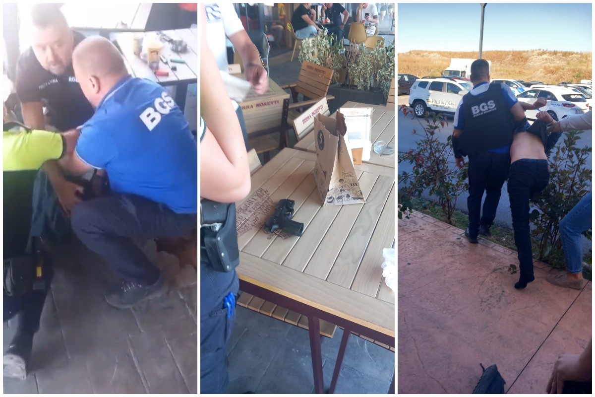 Scandal cu împușcături într-un complex de lux de lângă Capitală. Un bărbat în stare de ebrietate, care se plimba cu pistolul într-o pungă, a fost pus la pământ și încătușat