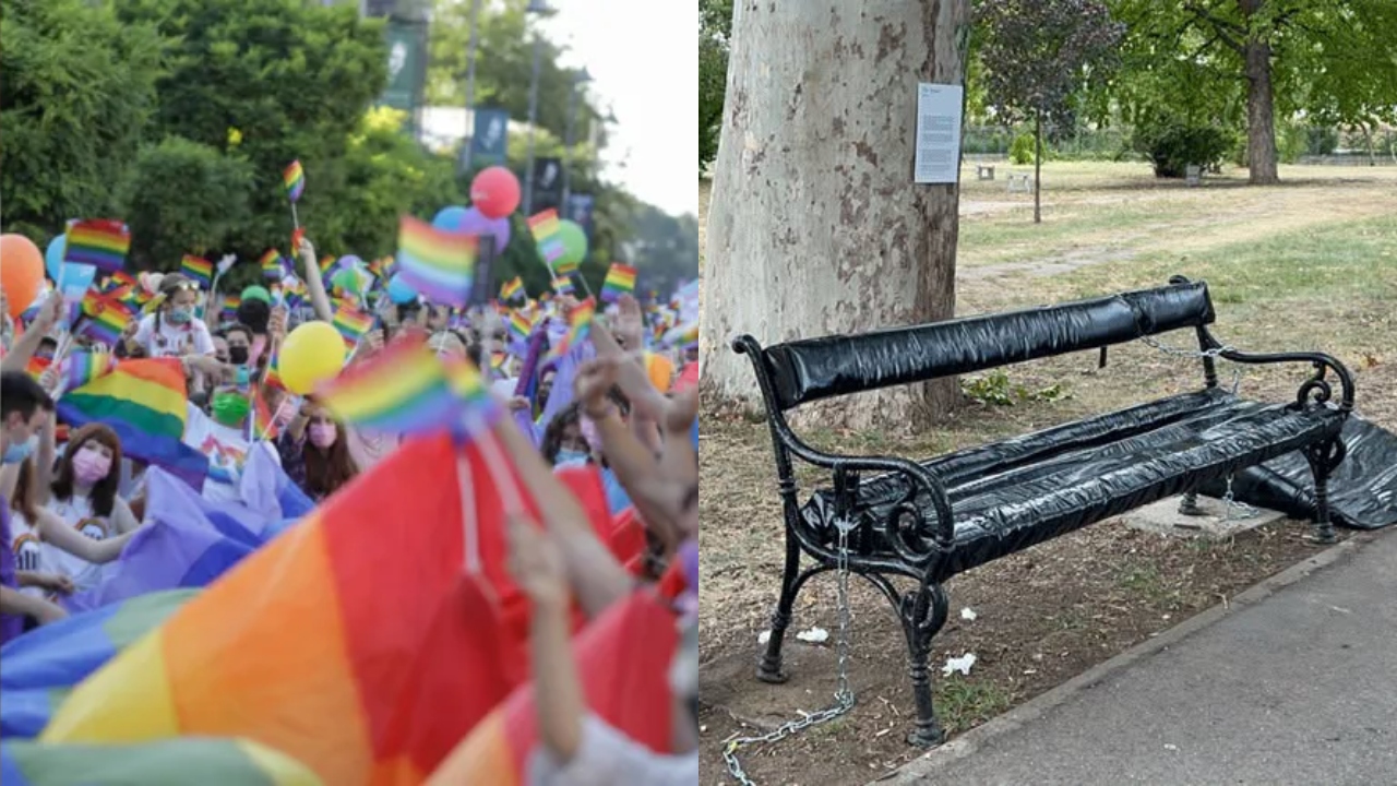 Bănci din „piele” neagră, dedicate comunității LGBTQIA+, într-un parc din Timișoara. Artistul spune că locurile neiluminate din parc ar fi permis persoanelor „queer” să aibă parte de „intimitate” și „conexiuni”
