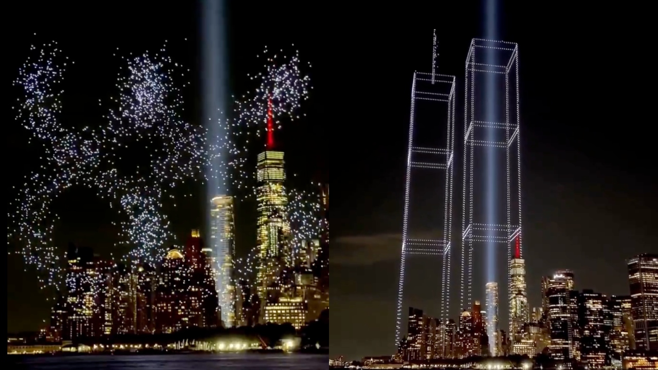 Moment emoționant la New York. Turnurile Gemene au fost recreate cu drone iluminate, la 25 de ani de la atentatele de la 11 septembrie