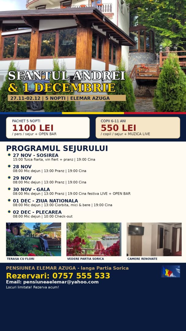 Anunț Pensiunea Elemar – 1 Decembrie la munte