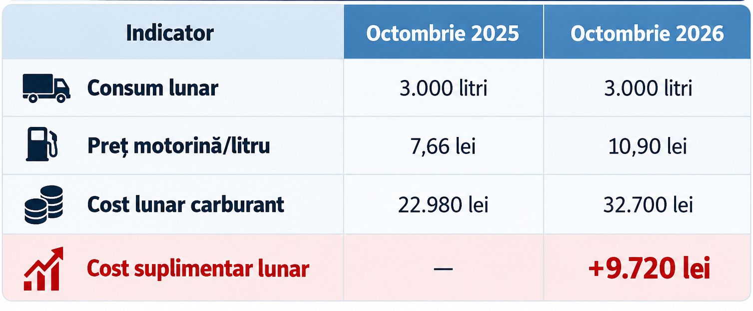 Calcul orientativ pentru un camion care parcurge 10.000 km lunar, cu un consum de 30 l/100 km